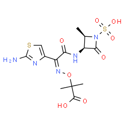 ChemSpider 2D Image | 2-({(Z)-[1-(2-Amino-1,3-thiazol-4-yl)-2-{[(2R,3S)-2-methyl-4-oxo-1-sulfo-3-azetidinyl]amino}-2-oxoethylidene]amino}oxy)-2-methylpropanoic acid | C13H17N5O8S2