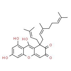 ChemSpider 2D Image | 1-[(2Z)-3,7-Dimethyl-2,6-octadien-1-yl]-6,8,9-trihydroxy-1-(3-methyl-2-buten-1-yl)-1H-xanthene-2,3-dione | C28H32O6