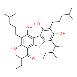 ChemSpider 2D Image | 1,1'-[1,3,7,9-Tetrahydroxy-2,8-bis(4-methylpentyl)dibenzo[b,d]furan-4,6-diyl]bis(2-methyl-1-butanone) | C34H48O7