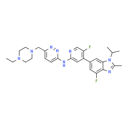 ChemSpider 2D Image | 6-[(4-Ethyl-1-piperazinyl)methyl]-N-[5-fluoro-4-(4-fluoro-1-isopropyl-2-methyl-1H-benzimidazol-6-yl)-2-pyridinyl]-3-pyridazinamine | C27H32F2N8