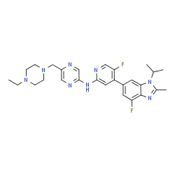 ChemSpider 2D Image | 5-[(4-Ethyl-1-piperazinyl)methyl]-N-[5-fluoro-4-(4-fluoro-1-isopropyl-2-methyl-1H-benzimidazol-6-yl)-2-pyridinyl]-2-pyrazinamine | C27H32F2N8
