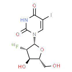 ChemSpider 2D Image | 1-[2-Deoxy-2-(~18~F)fluoro-beta-D-arabinofuranosyl]-5-iodo-2,4(1H,3H)-pyrimidinedione | C9H1018FIN2O5