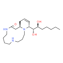 ChemSpider 2D Image | (13R,16aR)-13-[(1R,2S)-1,2-Dihydroxyheptyl]-1,4,5,6,7,8,9,10,11,13,16,16a-dodecahydropyrido[2,1-d][1,5,9]triazacyclotridecin-2(3H)-one | C21H39N3O3