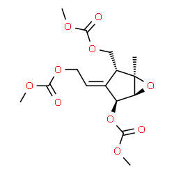 ChemSpider 2D Image | (1S,2S,3E,4R,5R)-3-{2-[(Methoxycarbonyl)oxy]ethylidene}-4-{[(methoxycarbonyl)oxy]methyl}-5-methyl-6-oxabicyclo[3.1.0]hex-2-yl methyl carbonate | C15H20O10