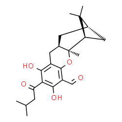 ChemSpider 2D Image | (2S,4R,4aS,9aR)-6,8-dihydroxy-3,3,4a-trimethyl-7-(3-methylbutanoyl)-2,3,4,4a,9,9a-hexahydro-1H-2,4-methanoxanthene-5-carbaldehyde | C23H30O5