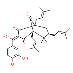 ChemSpider 2D Image | (1R,3E,5S,7R)-3-[(3,4-Dihydroxyphenyl)(hydroxy)methylene]-6,6-dimethyl-1,5,7-tris(3-methyl-2-buten-1-yl)bicyclo[3.3.1]nonane-2,4,9-trione | C33H42O6