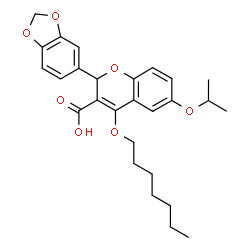 ChemSpider 2D Image | 2-(1,3-Benzodioxol-5-yl)-4-(heptyloxy)-6-isopropoxy-2H-chromene-3-carboxylic acid | C27H32O7