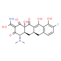 ChemSpider 2D Image | (2E,4S,4aS,5aR,12aS)-2-[Amino(hydroxy)methylene]-4-(dimethylamino)-10,11,12a-trihydroxy-9-iodo-4a,5a,6,12a-tetrahydro-1,3,12(2H,4H,5H)-tetracenetrione | C21H21IN2O7