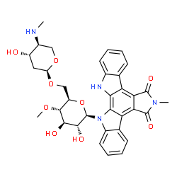 ChemSpider 2D Image | 5H-Indolo[2,3-a]pyrrolo[3,4-c]carbazole-5,7(6H)-dione, 12-[6-O-[2,4-dideoxy-4-(methylamino)-alpha-L-threo-pentopyranosyl]-4-O-methyl-beta-D-glucopyranosyl]-12,13-dihydro-6-methyl- | C34H36N4O9
