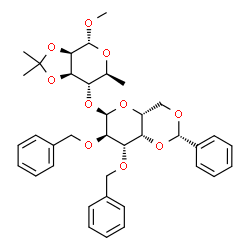 ChemSpider 2D Image | Methyl 6-deoxy-4-O-(2,3-di-O-benzyl-4,6-O-benzylidene-alpha-D-galactopyranosyl)-2,3-O-isopropylidene-alpha-L-mannopyranoside | C37H44O10
