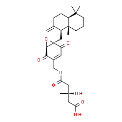 ChemSpider 2D Image | 1-[[(1S,6R)-6-[[(1S,4aS,8aS)-Decahydro-5,5,8a-trimethyl-2-methylene-1-naphthalenyl]methyl]-2,5-dioxo-7-oxabicyclo[4.1.0]hept-3-en-3-yl]methyl] (3S)-3-hydroxy-3-methylpentanedioate | C28H38O8