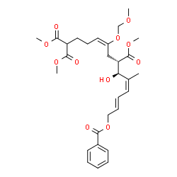 ChemSpider 2D Image | Trimethyl (4E,7R,8S,9Z,11E)-13-(benzoyloxy)-8-hydroxy-5-(methoxymethoxy)-9-methyl-4,9,11-tridecatriene-1,1,7-tricarboxylate | C29H38O11