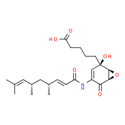 ChemSpider 2D Image | 5-[(1S,2R,6R)-2-Hydroxy-5-oxo-4-{[(2E,4R,6S)-4,6,8-trimethyl-2,7-nonadienoyl]amino}-7-oxabicyclo[4.1.0]hept-3-en-2-yl]pentanoic acid | C23H33NO6