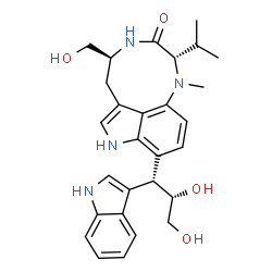 ChemSpider 2D Image | (2S,5S)-9-[(1S,2S)-2,3-Dihydroxy-1-(1H-indol-3-yl)propyl]-5-(hydroxymethyl)-2-isopropyl-1-methyl-1,2,4,5,6,8-hexahydro-3H-[1,4]diazonino[7,6,5-cd]indol-3-one | C28H34N4O4