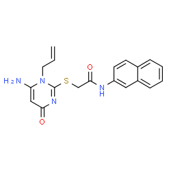 ChemSpider 2D Image | 2-[(1-Allyl-6-amino-4-oxo-1,4-dihydro-2-pyrimidinyl)sulfanyl]-N-(2-naphthyl)acetamide | C19H18N4O2S