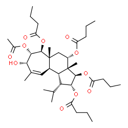 ChemSpider 2D Image | (1R,2R,3R,3aR,4S,5aR,6S,7S,8S,10aR,10bS)-7-Acetoxy-8-hydroxy-1-isopropyl-3a,5a,9-trimethyl-1,2,3,3a,4,5,5a,6,7,8,10a,10b-dodecahydrocyclohepta[e]indene-2,3,4,6-tetrayl tetrabutanoate | C38H60O11