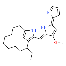 ChemSpider 2D Image | 2-Ethyl-13-{(Z)-[(5Z)-3-methoxy-5-(2H-pyrrol-2-ylidene)-1,5-dihydro-2H-pyrrol-2-ylidene]methyl}-12-azabicyclo[9.2.1]tetradeca-1(13),11(14)-diene | C25H33N3O
