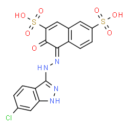ChemSpider 2D Image | (4Z)-4-[(6-Chloro-1H-indazol-3-yl)hydrazono]-3-oxo-3,4-dihydro-2,7-naphthalenedisulfonic acid | C17H11ClN4O7S2