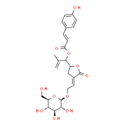 ChemSpider 2D Image | 1-{(4E)-4-[2-(beta-D-Glucopyranosyloxy)ethylidene]-5-oxotetrahydro-2-furanyl}-2-methyl-2-propen-1-yl (2E)-3-(4-hydroxyphenyl)acrylate | C25H30O11