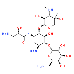 ChemSpider 2D Image | (2S)-3-Amino-N-[(1R,2S,3S,4R,5S)-5-amino-4-[(6-amino-6-deoxy-alpha-D-glucopyranosyl)oxy]-2-{[3-deoxy-4-C-methyl-3-(methylamino)-beta-D-arabinopyranosyl]oxy}-3-hydroxycyclohexyl]-2-hydroxypropanamide | C22H43N5O12