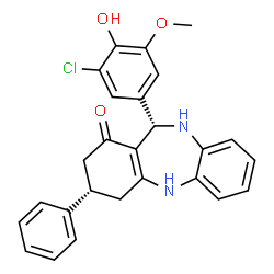 ChemSpider 2D Image | (3S,11S)-11-(3-Chloro-4-hydroxy-5-methoxyphenyl)-3-phenyl-2,3,4,5,10,11-hexahydro-1H-dibenzo[b,e][1,4]diazepin-1-one | C26H23ClN2O3