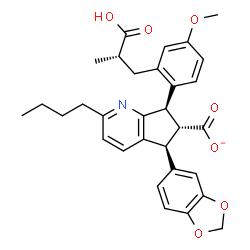 ChemSpider 2D Image | (5S,6R,7R)-5-(1,3-Benzodioxol-5-yl)-2-butyl-7-{2-[(2S)-2-carboxypropyl]-4-methoxyphenyl}-6,7-dihydro-5H-cyclopenta[b]pyridine-6-carboxylate | C31H32NO7