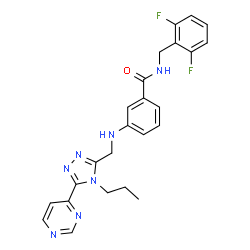 ChemSpider 2D Image | N-(2,6-Difluorobenzyl)-3-({[4-propyl-5-(4-pyrimidinyl)-4H-1,2,4-triazol-3-yl]methyl}amino)benzamide | C24H23F2N7O