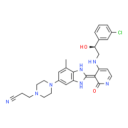 ChemSpider 2D Image | 3-(4-{(2E)-2-[4-{[(2S)-2-(3-Chlorophenyl)-2-hydroxyethyl]amino}-2-oxo-3(2H)-pyridinylidene]-7-methyl-2,3-dihydro-1H-benzimidazol-5-yl}-1-piperazinyl)propanenitrile | C28H30ClN7O2