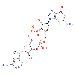 ChemSpider 2D Image | 2-Amino-9-[(2S,3S,3aR,7aR,9R,10R,10aS,14aS)-9-(6-amino-9H-purin-9-yl)-3,5,10,12-tetrahydroxy-5,12-dioxidooctahydro-2H,7H-difuro[3,2-d:3',2'-j][1,3,7,9,2,8]tetraoxadiphosphacyclododecin-2-yl]-3,9-dihyd
ro-6H-purin-6-one | C20H24N10O13P2
