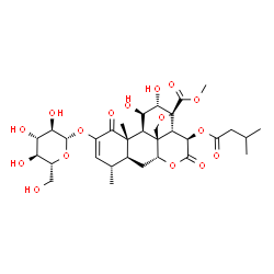 ChemSpider 2D Image | Methyl (11beta,12alpha,13beta,15beta)-2-(beta-D-glucopyranosyloxy)-11,12-dihydroxy-15-[(3-methylbutanoyl)oxy]-1,16-dioxo-13,20-epoxypicras-2-en-21-oate | C32H44O16