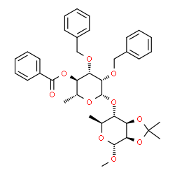 ChemSpider 2D Image | Methyl 4-O-(4-O-benzoyl-2,3-di-O-benzyl-6-deoxy-beta-D-mannopyranosyl)-6-deoxy-2,3-O-isopropylidene-alpha-L-mannopyranoside | C37H44O10