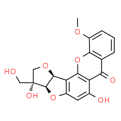 ChemSpider 2D Image | (3R,3aR,12cS)-3,6-Dihydroxy-3-(hydroxymethyl)-11-methoxy-2,3,3a,12c-tetrahydro-7H-furo[2',3':4,5]furo[2,3-c]xanthen-7-one | C19H16O8