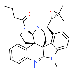 ChemSpider 2D Image | 1-{(2R,6S,14S,22S,25R)-25-[(2S)-3,3-Dimethyl-2-oxiranyl]-15-methyl-1,3,13,15-tetraazaheptacyclo[18.4.1.0~2,6~.0~6,22~.0~7,12~.0~14,22~.0~16,21~]pentacosa-7,9,11,16,18,20-hexaen-3-yl}-1-butanone | C30H36N4O2