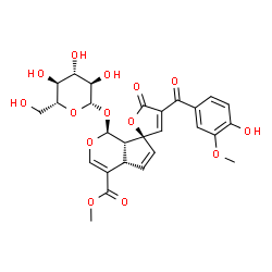 ChemSpider 2D Image | Methyl (1S,4aS,7R,7aS)-1-(beta-D-glucopyranosyloxy)-4'-(4-hydroxy-3-methoxybenzoyl)-5'-oxo-4a,7a-dihydro-1H,5'H-spiro[cyclopenta[c]pyran-7,2'-furan]-4-carboxylate | C27H28O14
