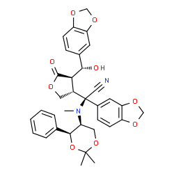 ChemSpider 2D Image | (2R)-1,3-Benzodioxol-5-yl{(3R,4R)-4-[(R)-1,3-benzodioxol-5-yl(hydroxy)methyl]-5-oxotetrahydro-3-furanyl}{[(4S,5S)-2,2-dimethyl-4-phenyl-1,3-dioxan-5-yl](methyl)amino}acetonitrile | C34H34N2O9