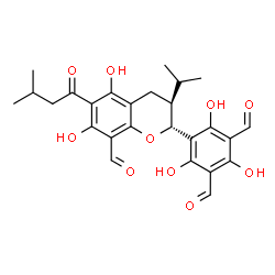 ChemSpider 2D Image | 5-[(2R,3S)-8-Formyl-5,7-dihydroxy-3-isopropyl-6-(3-methylbutanoyl)-3,4-dihydro-2H-chromen-2-yl]-2,4,6-trihydroxyisophthalaldehyde | C26H28O10