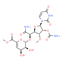 ChemSpider 2D Image | Methyl (2S,3S,4S)-2-{(1R)-2-amino-1-[(2S,3R,4R,5R)-4-(carbamoyloxy)-5-(2,4-dioxo-3,4-dihydro-1(2H)-pyrimidinyl)-3-methoxytetrahydro-2-furanyl]-2-oxoethoxy}-3,4-dihydroxy-3,4-dihydro-2H-pyran-6-carboxy
late | C19H24N4O13