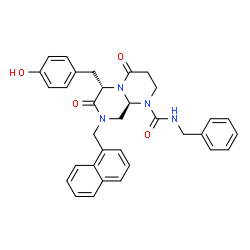 ChemSpider 2D Image | (6S,9aS)-N-Benzyl-6-(4-hydroxybenzyl)-8-(1-naphthylmethyl)-4,7-dioxohexahydro-2H-pyrazino[1,2-a]pyrimidine-1(6H)-carboxamide | C33H32N4O4