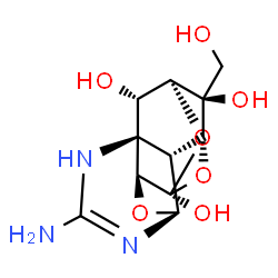 ChemSpider 2D Image | (1R,2S,3S,4S,5R,9S,11S,12S,14R)-7-Amino-2-(hydroxymethyl)-10,13,15-trioxa-6,8-diazapentacyclo[7.4.1.1~3,12~.0~5,11~.0~5,14~]pentadec-7-ene-2,4,12-triol | C11H15N3O7
