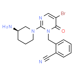 ChemSpider 2D Image | 2-({2-[(3R)-3-Amino-1-piperidinyl]-5-bromo-6-oxo-1(6H)-pyrimidinyl}methyl)benzonitrile | C17H18BrN5O