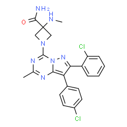 ChemSpider 2D Image | 1-[7-(2-Chlorophenyl)-8-(4-chlorophenyl)-2-methylpyrazolo[1,5-a][1,3,5]triazin-4-yl]-3-(methylamino)-3-azetidinecarboxamide | C23H21Cl2N7O