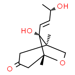ChemSpider 2D Image | (1R,5R,8R)-8-Hydroxy-8-[(1E,3S)-3-hydroxy-1-buten-1-yl]-1,5-dimethyl-6-oxabicyclo[3.2.1]octan-3-one | C13H20O4