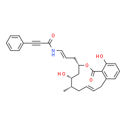 ChemSpider 2D Image | N-{(1E)-3-[(3S,5R,6S,8E)-5,14-Dihydroxy-6-methyl-1-oxo-3,4,5,6,7,10-hexahydro-1H-2-benzoxacyclododecin-3-yl]-1-propen-1-yl}-3-phenyl-2-propynamide | C28H29NO5