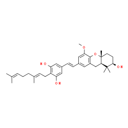 ChemSpider 2D Image | 2-[(2E)-3,7-Dimethyl-2,6-octadien-1-yl]-5-{(E)-2-[(2R,4aR,9aR)-2-hydroxy-5-methoxy-1,1,4a-trimethyl-2,3,4,4a,9,9a-hexahydro-1H-xanthen-7-yl]vinyl}-1,3-benzenediol | C35H46O5