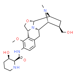 ChemSpider 2D Image | (2S,3R)-3-Hydroxy-N-[(1S,2R,3R,5S,6R,9R)-3-(hydroxymethyl)-11-methoxy-18-methyl-7-oxa-17,18-diazapentacyclo[7.7.1.1~2,5~.0~6,17~.0~10,15~]octadeca-10,12,14-trien-12-yl]-2-piperidinecarboxamide | C24H34N4O5