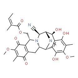 ChemSpider 2D Image | [(1R,2S,10R,12R,13R,14S)-12-Cyano-14,16,19-trihydroxy-7,18-dimethoxy-6,17,21-trimethyl-5,8-dioxo-11,21-diazapentacyclo[11.7.1.0~2,11~.0~4,9~.0~15,20~]henicosa-4(9),6,15,17,19-pentaen-10-yl]methyl (2Z)
-2-methyl-2-butenoate | C31H35N3O9