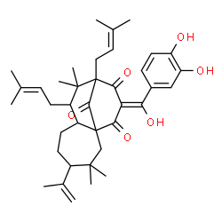ChemSpider 2D Image | (12E)-12-[(3,4-Dihydroxyphenyl)(hydroxy)methylene]-4-isopropenyl-3,3,9,9-tetramethyl-8,10-bis(3-methyl-2-buten-1-yl)tricyclo[8.3.1.0~1,7~]tetradecane-11,13,14-trione | C38H50O6