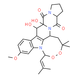 ChemSpider 2D Image | 10,10a-Dihydroxy-7-methoxy-2,2-dimethyl-5-(2-methyl-1-propen-1-yl)-1,10,10a,14,14a,15b-hexahydro-12H-3,4-dioxa-5a,11a,15a-triazacycloocta[1,2,3-lm]indeno[5,6-b]fluorene-11,15(2H,13H)-dione | C27H33N3O7
