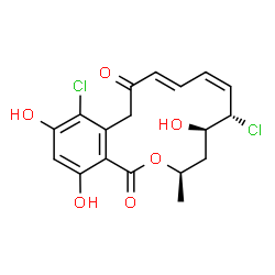 ChemSpider 2D Image | (3R,5R,6S,7Z,9E)-6,13-Dichloro-5,14,16-trihydroxy-3-methyl-3,4,5,6-tetrahydro-1H-2-benzoxacyclotetradecine-1,11(12H)-dione | C18H18Cl2O6
