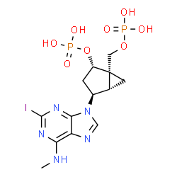 ChemSpider 2D Image | [(1S,2S,4S,5S)-4-[2-Iodo-6-(methylamino)-9H-purin-9-yl]-2-(phosphonooxy)bicyclo[3.1.0]hex-1-yl]methyl dihydrogen phosphate | C13H18IN5O8P2